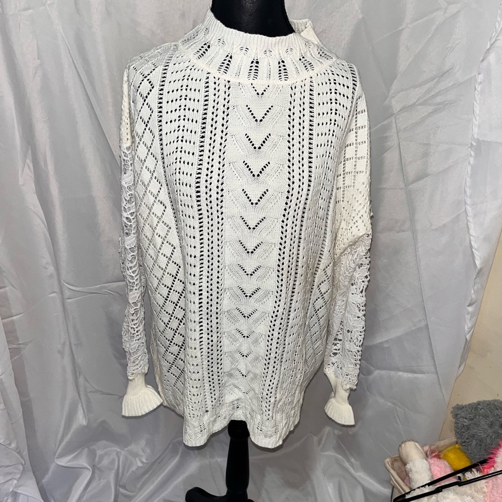 Cream Knit Turtleneck Sweater With White Crochet Sleeves